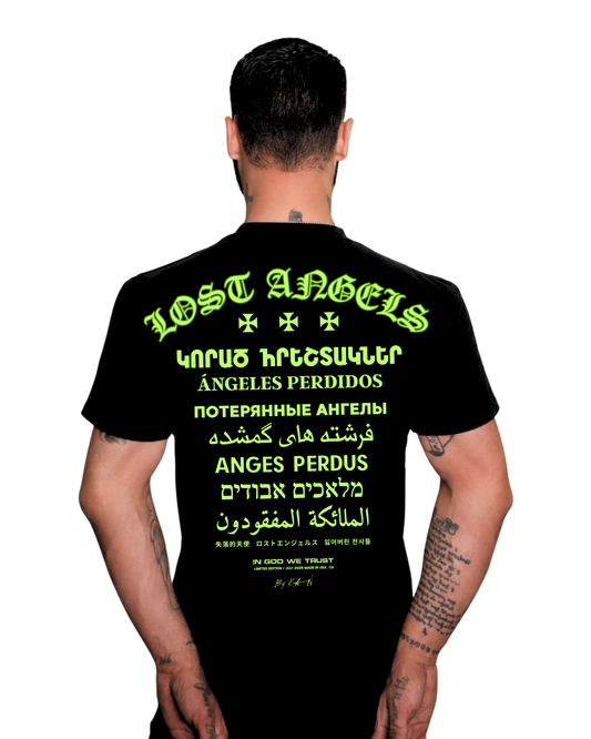 Lost Angels World Black Tee Lime green Print