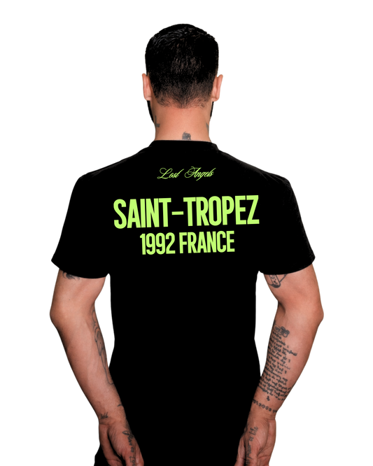 Lost Angels Saint Tropez Tee Black Lime green Print