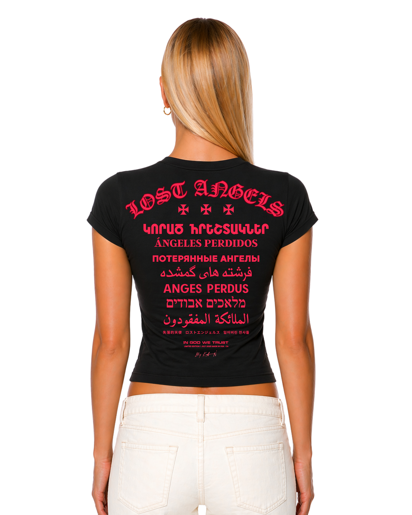 Lost Angels World Black Tee Pink Print