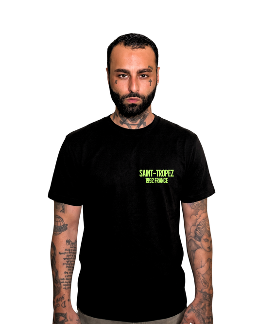 Lost Angels Saint Tropez Tee Black Lime green Print