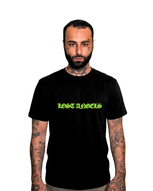 Lost Angels World Black Tee Lime green Print