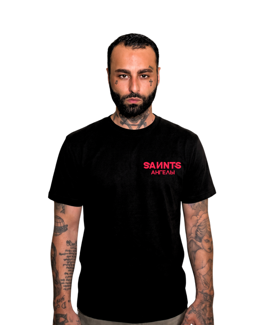 Lost Angels Saints Black Tee Warm Pink Print