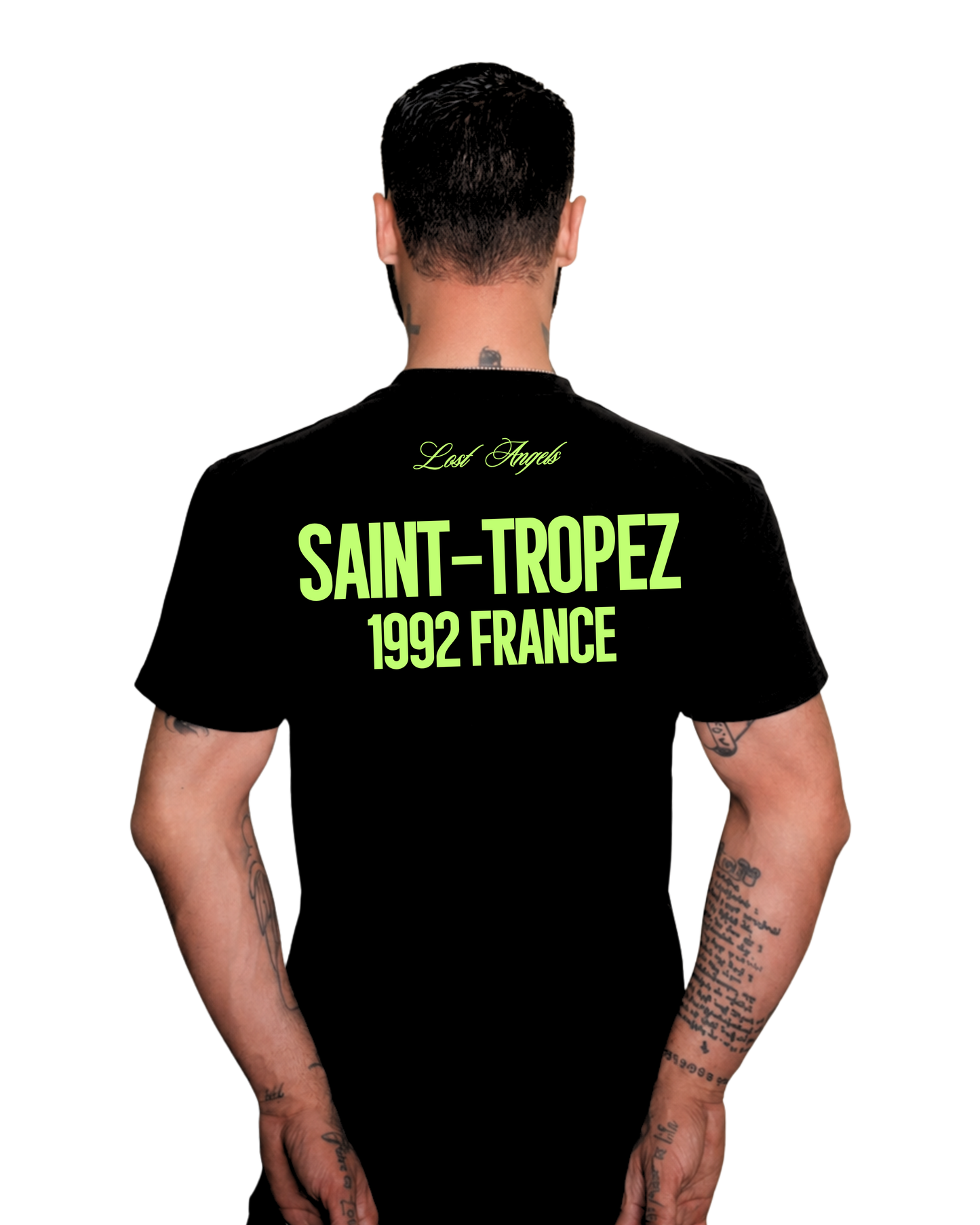 Lost Angels Saint Tropez Tee Black Lime green Print