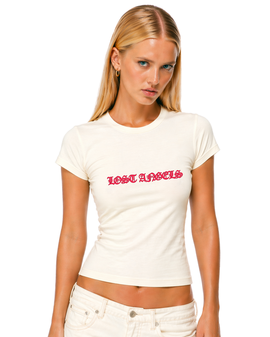 Lost Angels World White Tee Warm Pink Print
