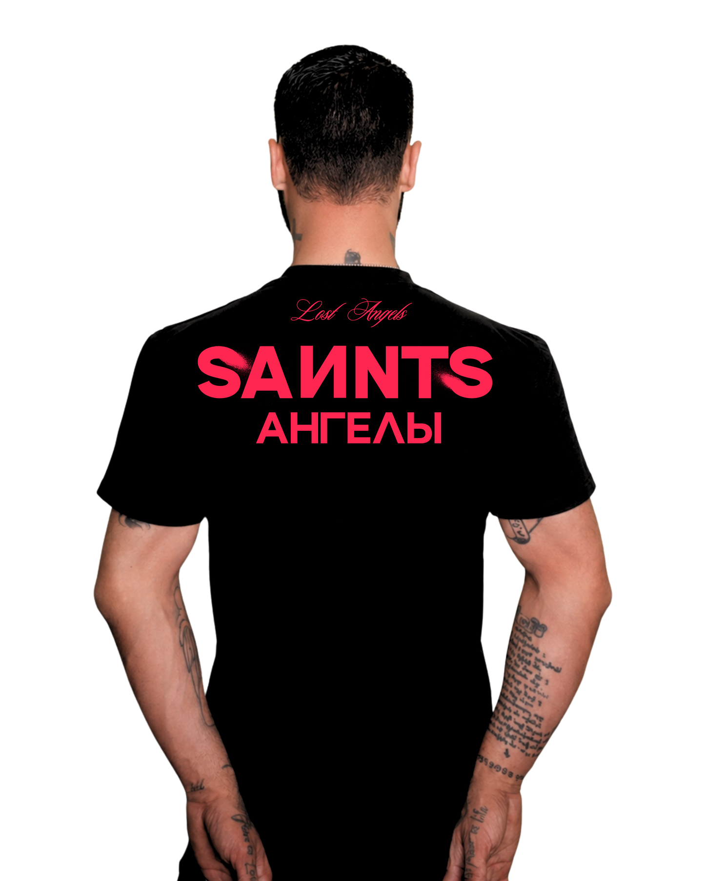 Lost Angels Saints Black Tee Warm Pink Print