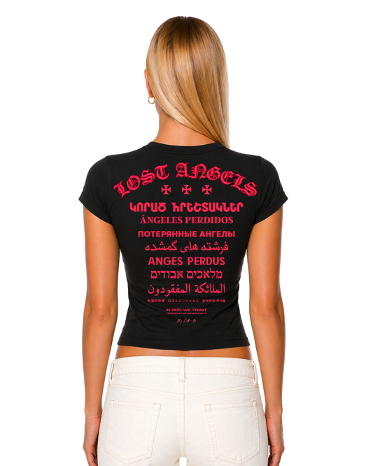 Lost Angels World  Black Tee Pink Print