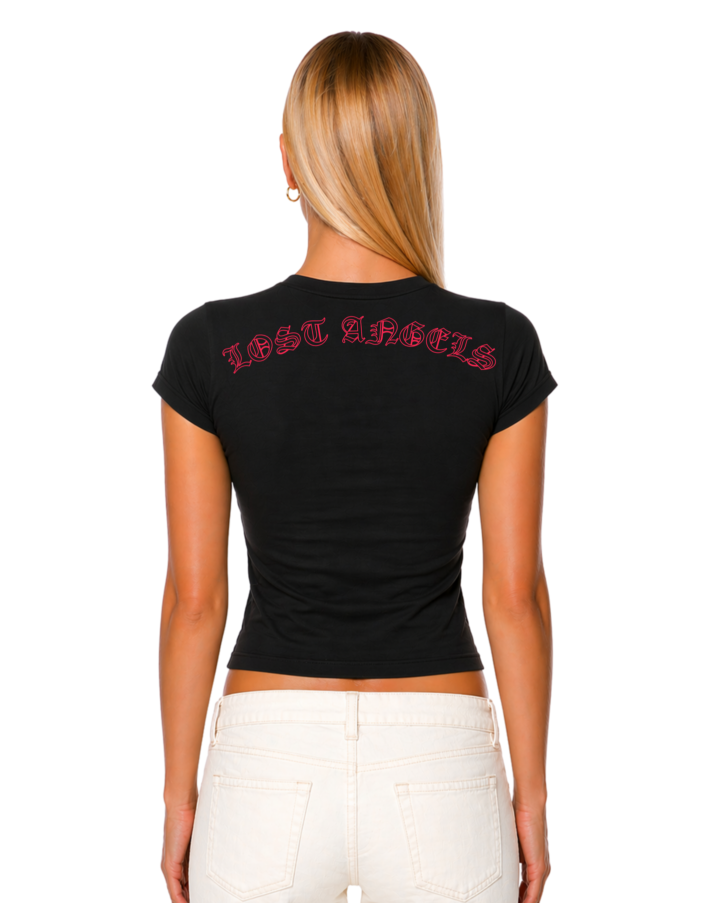 Lost Angels AL Logo  Black Tee Warm Pink Print