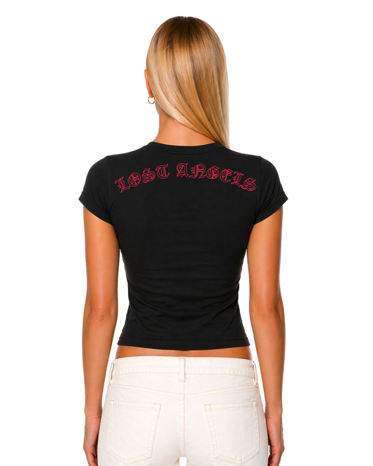Lost Angels AL Logo  Black Tee Warm Pink Print